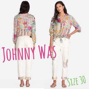 JOHNNY WAS DREAMER PATCHWORK CROPPED BOYFRIEND JEANS SIZE 30 (LIKE NEW)